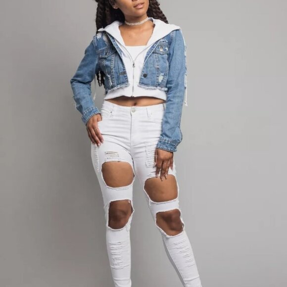 American Bazi cropped Jean Jacket with Sweatshirt trim and Hoodie - M - Picture 5 of 7